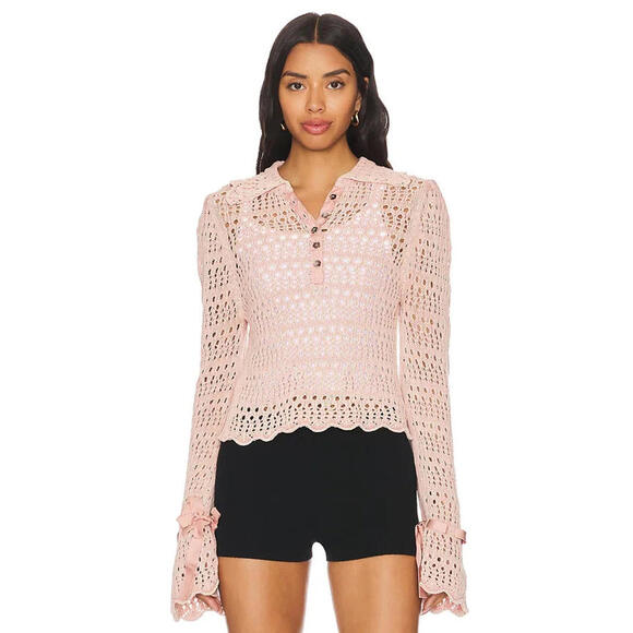 Free People Tops - FREE People Pointelle Pullover Knit top Mauve Rose crochet size S NWT $128 msrp